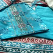 Sky Blue Rose Print Cotton Suit Set With Printed Cotton Dupatta