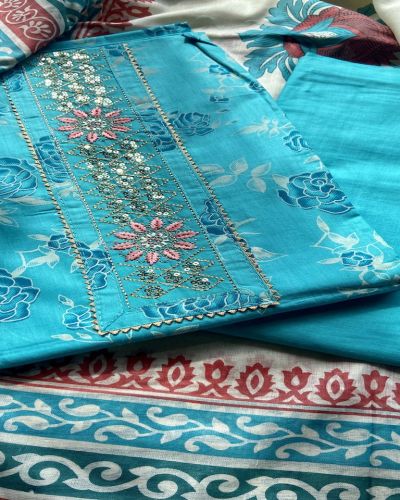 Sky Blue Rose Print Cotton Suit Set With Printed Cotton Dupatta