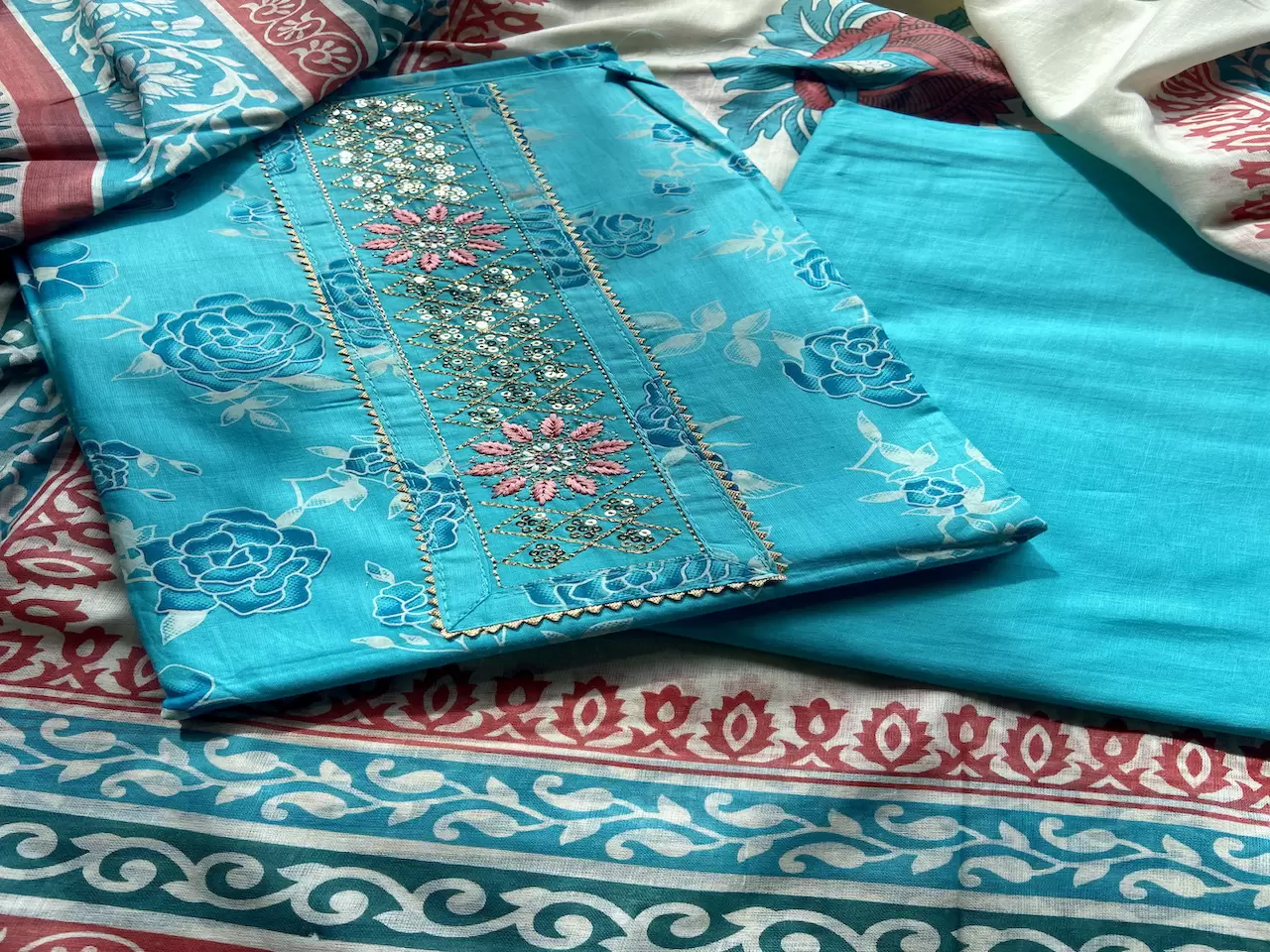 Sky Blue Rose Print Cotton Suit Set With Printed Cotton Dupatta