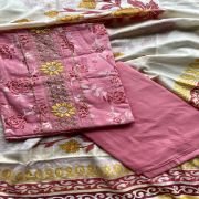 Pink Rose Print Cotton Suit Set With Printed Cotton Dupatta