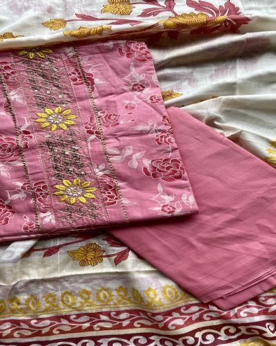 Pink Rose Print Cotton Suit Set With Printed Cotton Dupatta