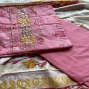 Pink Rose Print Cotton Suit Set With Printed Cotton Dupatta