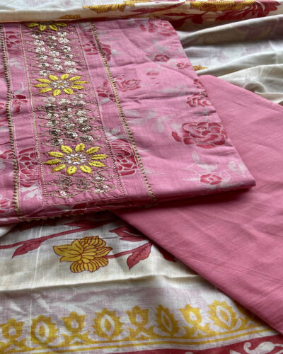 Pink Rose Print Cotton Suit Set With Printed Cotton Dupatta