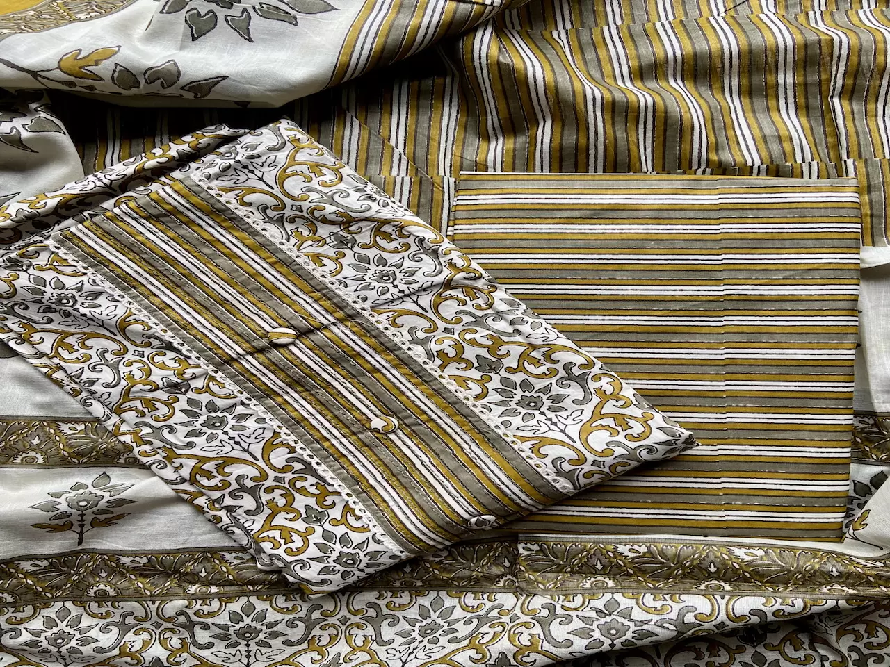 Ochere Yellow Abstract Print Cotton Suit Set With Printed Cotton Dupatta