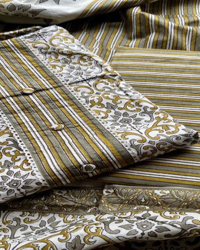 Ochere Yellow Abstract Print Cotton Suit Set With Printed Cotton Dupatta