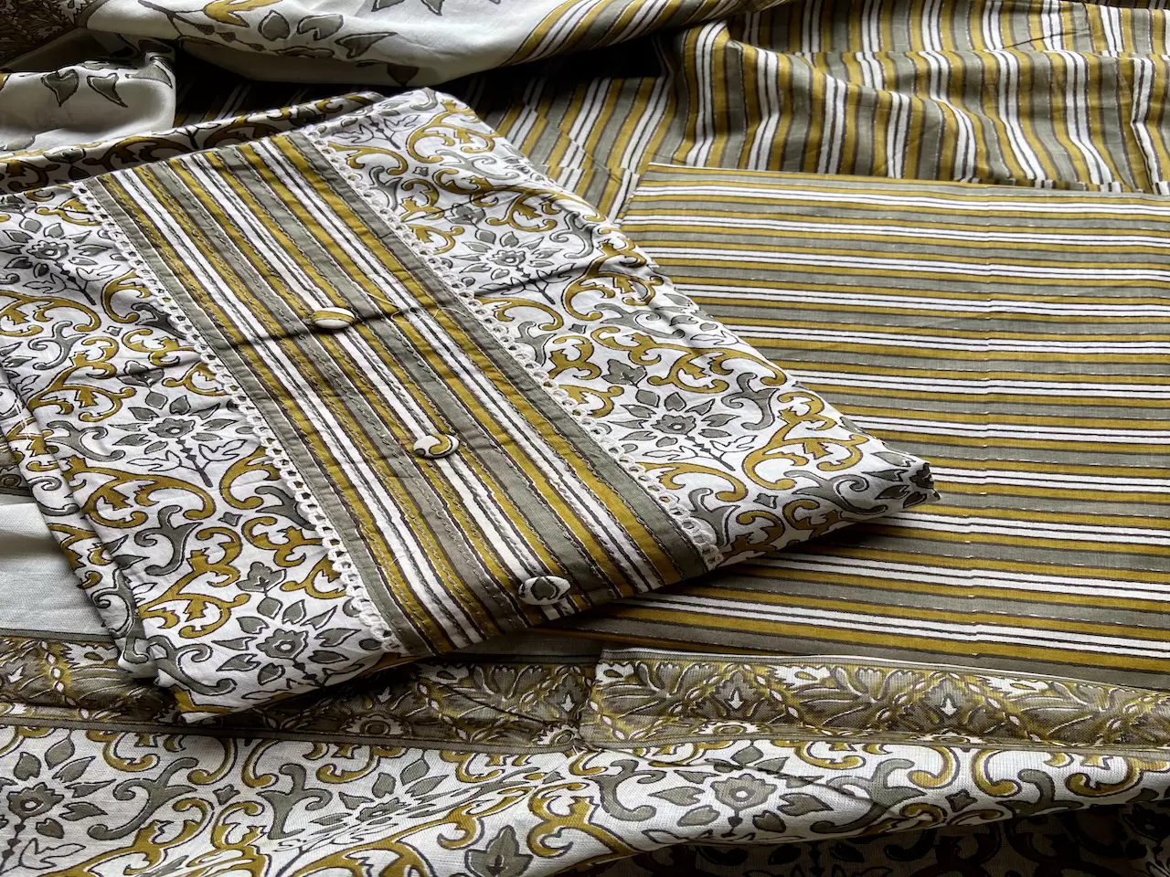 Ochere Yellow Abstract Print Cotton Suit Set With Printed Cotton Dupatta