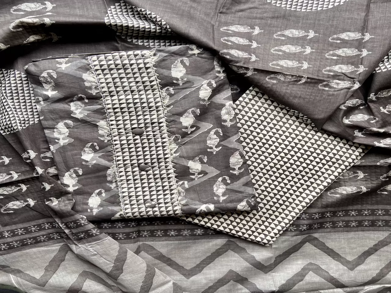 Brown Hand Batik Print Cotton Suit Set With Printed Cotton Dupatta
