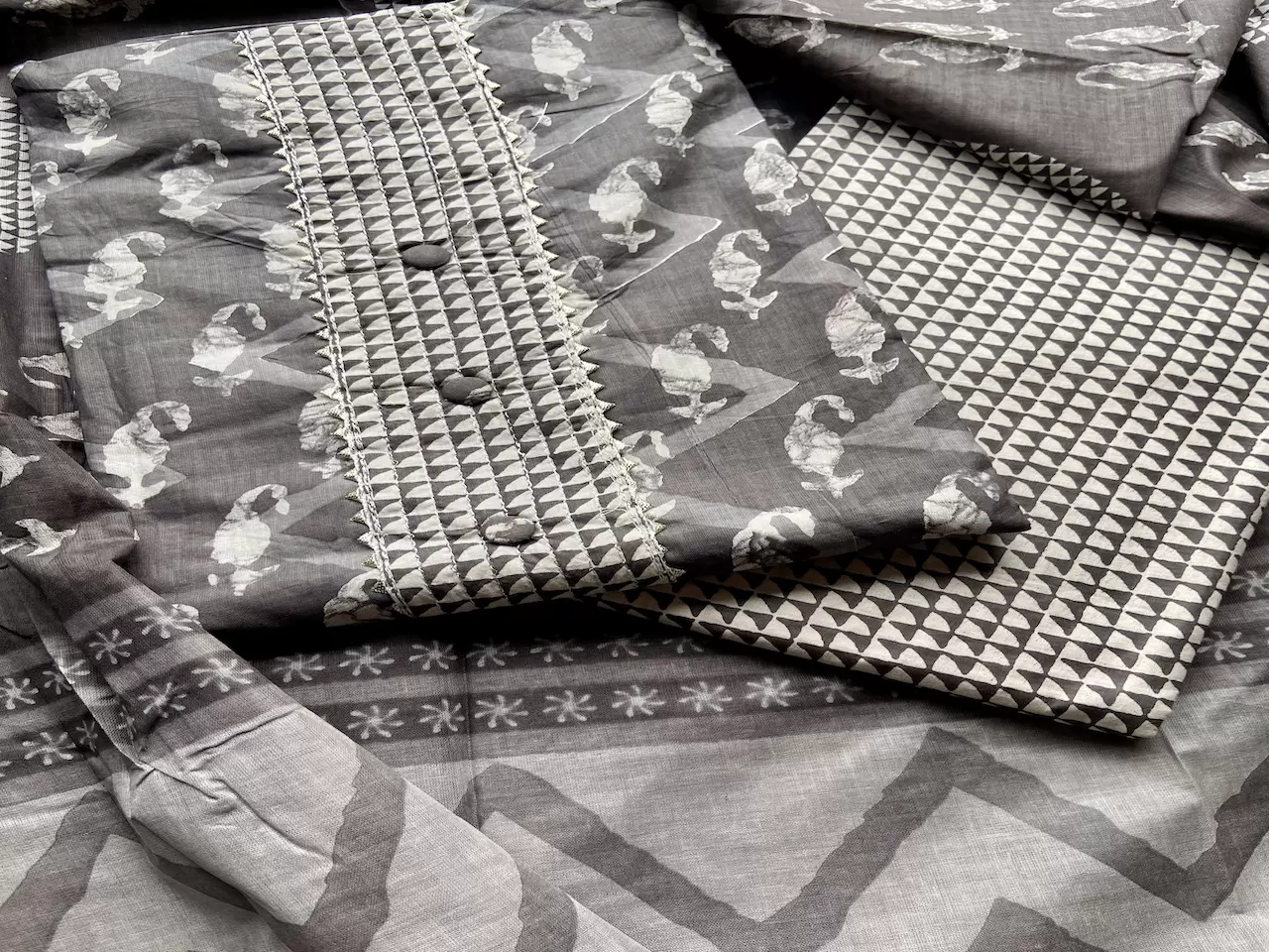 Brown Hand Batik Print Cotton Suit Set With Printed Cotton Dupatta