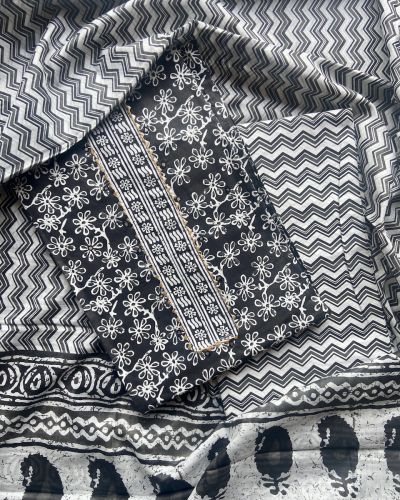 Black  Floral Print Cotton Unstitched Suit Set With Printed Cotton Dupatta
