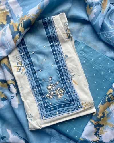 Indigo Floral Print Cotton Unstitched Suit Set With Printed Cotton Dupatta