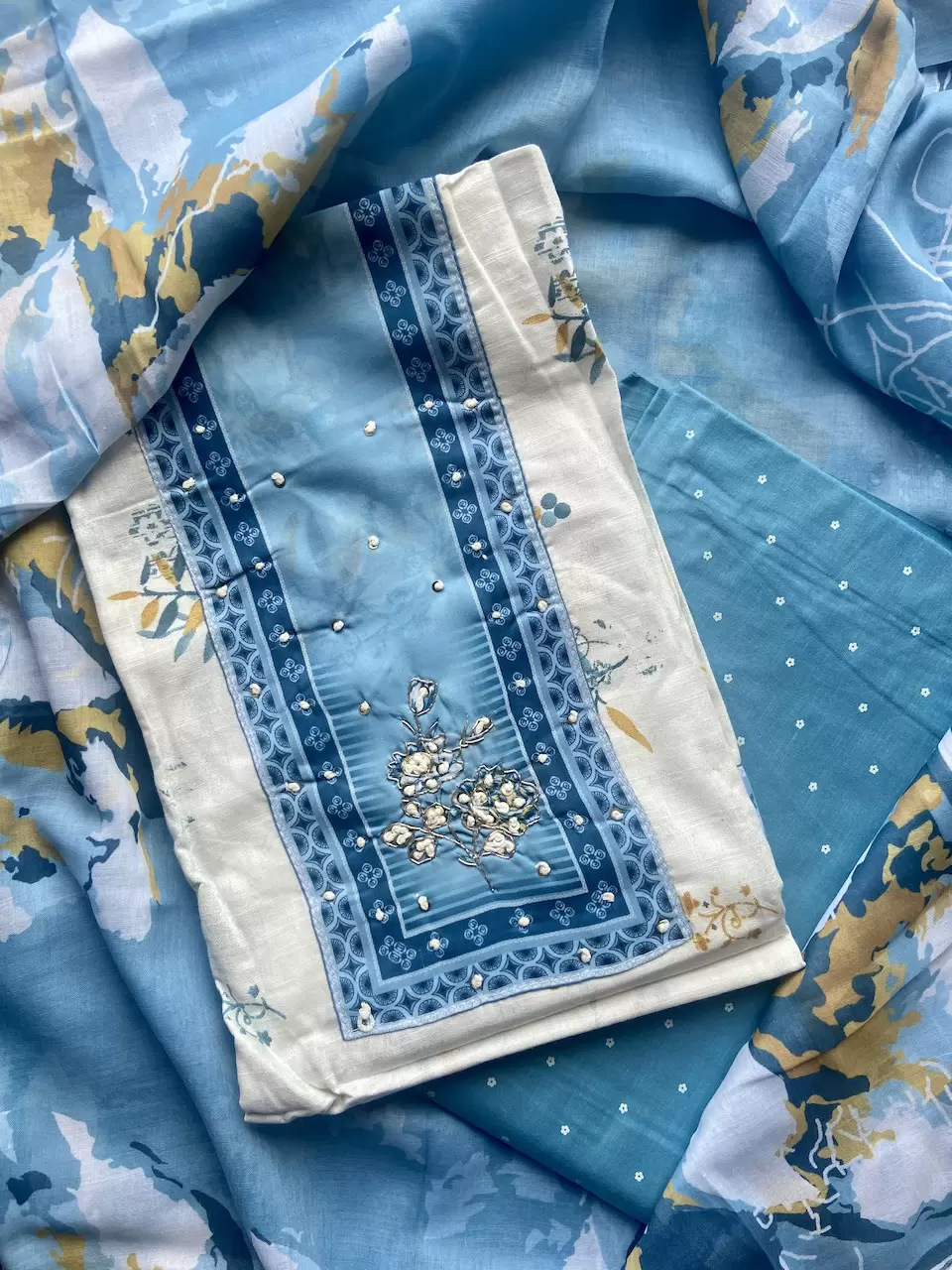 Indigo Floral Print Cotton Unstitched Suit Set With Printed Cotton Dupatta