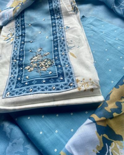 Indigo Floral Print Cotton Unstitched Suit Set With Printed Cotton Dupatta