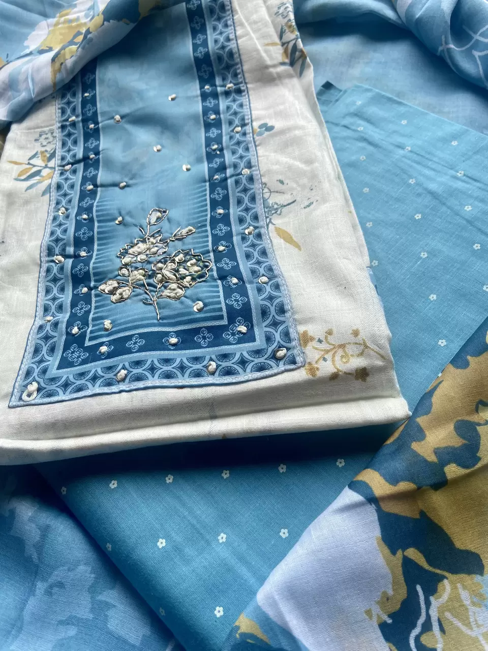 Indigo Floral Print Cotton Unstitched Suit Set With Printed Cotton Dupatta