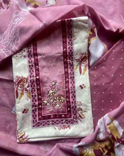 Magenta Floral Print Cotton Unstitched Suit Set With Printed Cotton Dupatta