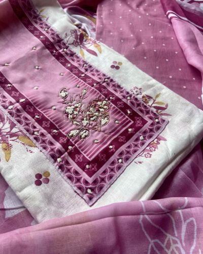 Magenta Floral Print Cotton Unstitched Suit Set With Printed Cotton Dupatta