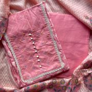 Baby Pink Printed Cotton Unstitched Suit Set With Printed Cotton Dupatta