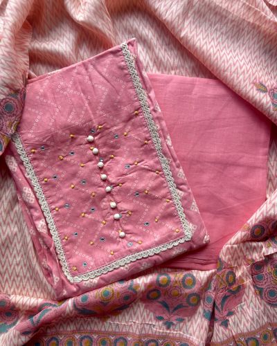 Baby Pink Printed Cotton Unstitched Suit Set With Printed Cotton Dupatta
