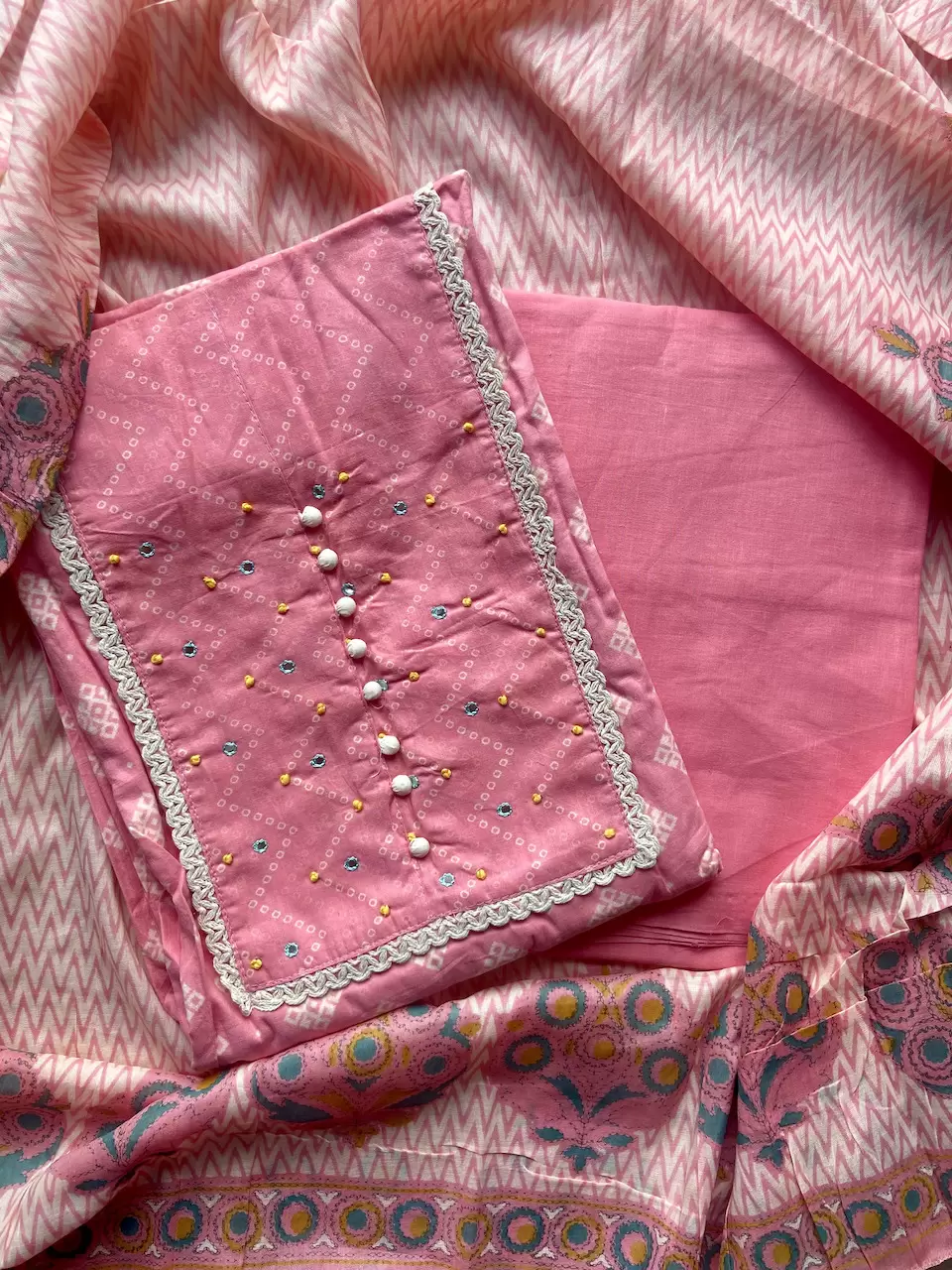Baby Pink Printed Cotton Unstitched Suit Set With Printed Cotton Dupatta