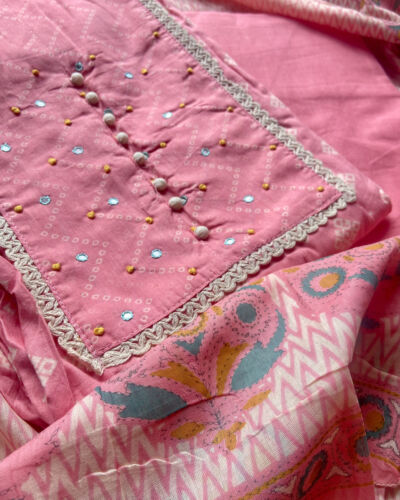 Baby Pink Printed Cotton Unstitched Suit Set With Printed Cotton Dupatta