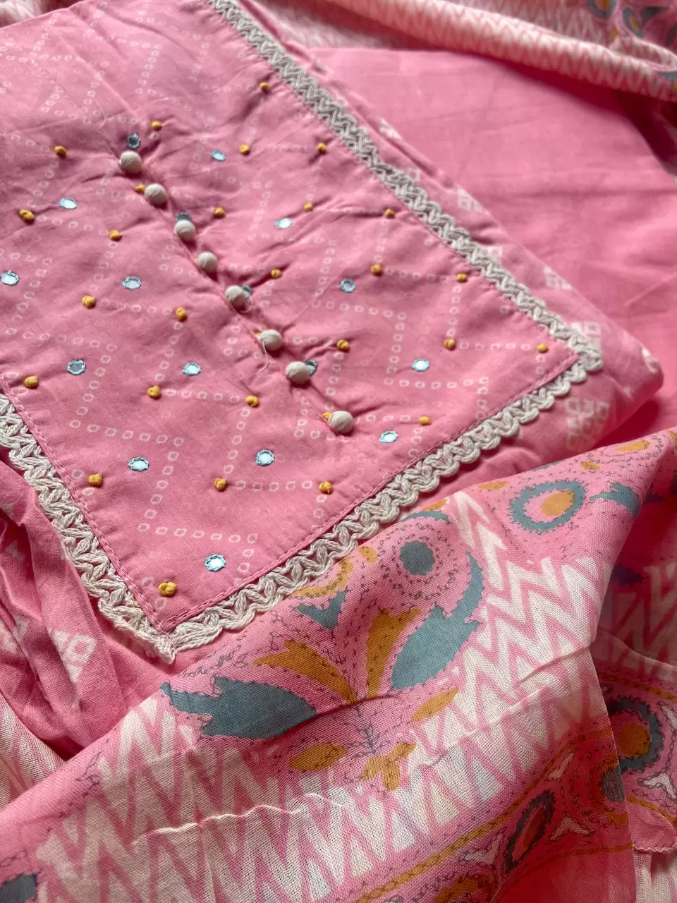 Baby Pink Printed Cotton Unstitched Suit Set With Printed Cotton Dupatta