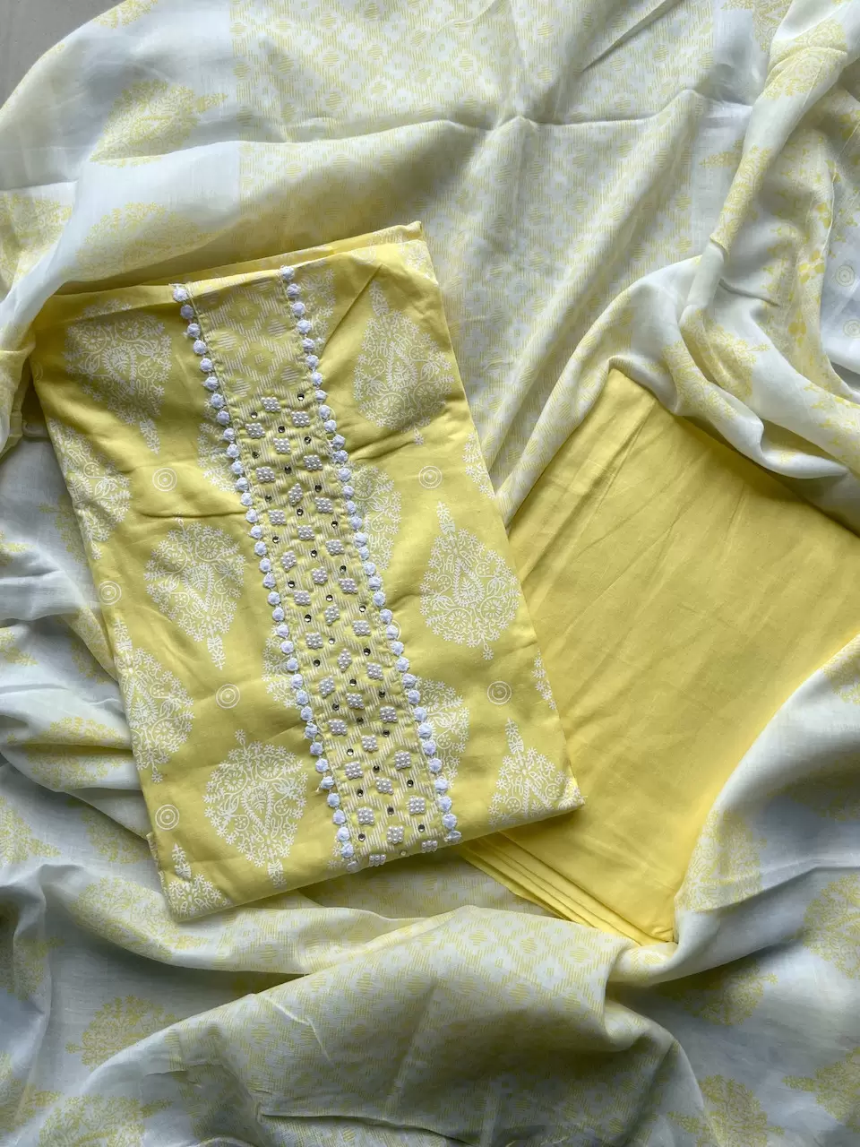 Yellow Batik Print Cotton Unstitched Suit Set With Printed Cotton Dupatta