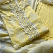 Yellow Batik Print Cotton Unstitched Suit Set With Printed Cotton Dupatta