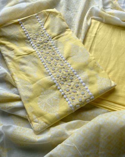 Yellow Batik Print Cotton Unstitched Suit Set With Printed Cotton Dupatta