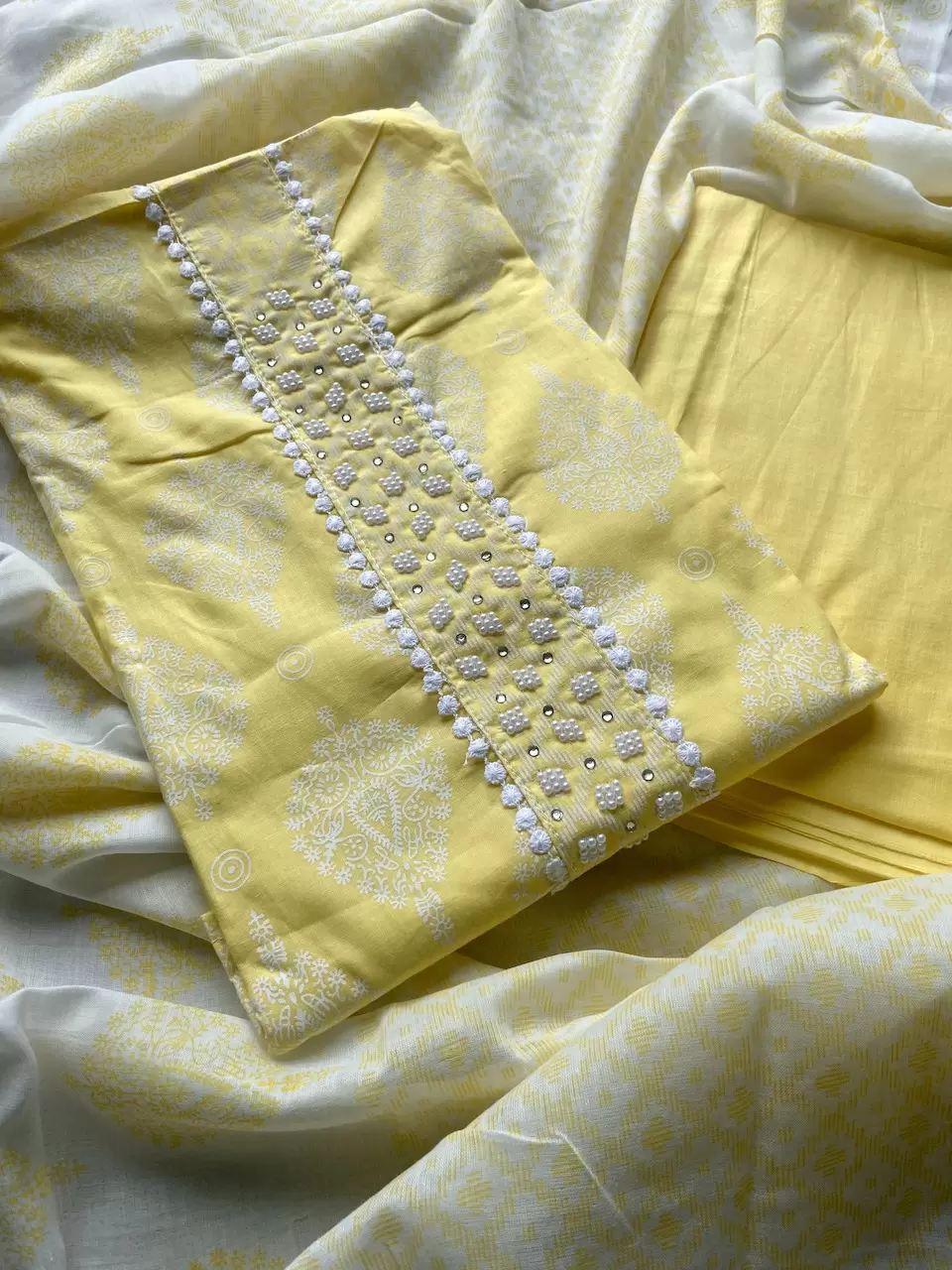 Yellow Batik Print Cotton Unstitched Suit Set With Printed Cotton Dupatta