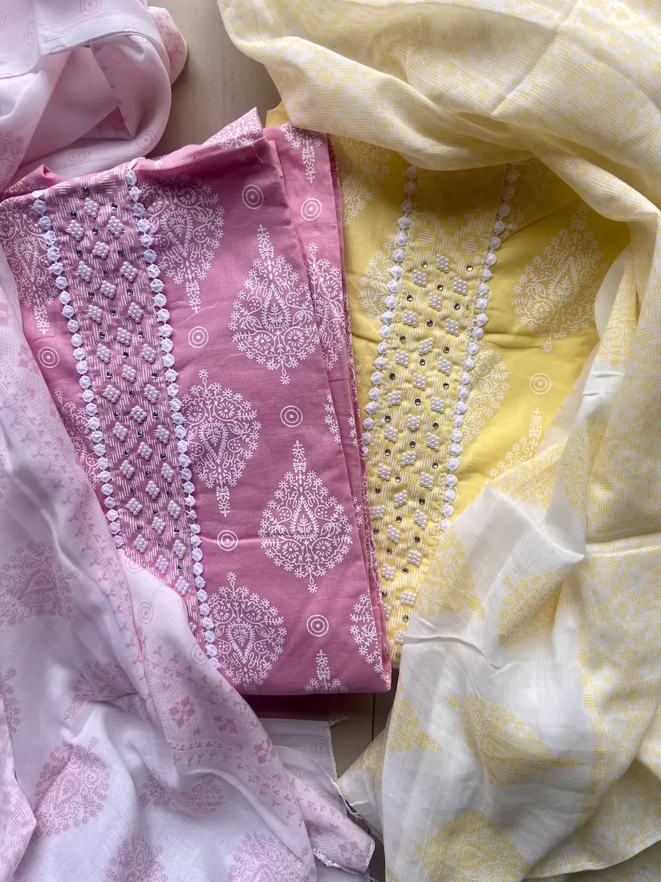 Yellow Batik Print Cotton Unstitched Suit Set With Printed Cotton Dupatta