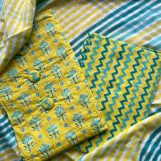 Bright Lemon Yellow Floral Printed Cotton Unstitched Suit Set With Zig Zag printed Bottom & Printed Cotton Dupatta