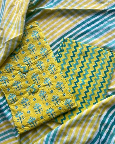 Bright Lemon Yellow Floral Printed Cotton Unstitched Suit Set With Zig Zag printed Bottom & Printed Cotton Dupatta