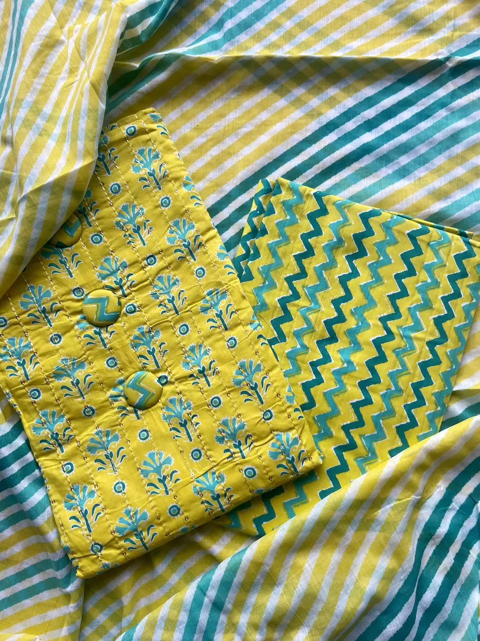 Bright Lemon Yellow Floral Printed Cotton Unstitched Suit Set With Zig Zag printed Bottom & Printed Cotton Dupatta
