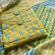 Bright Lemon Yellow Floral Printed Cotton Unstitched Suit Set With Zig Zag printed Bottom & Printed Cotton Dupatta