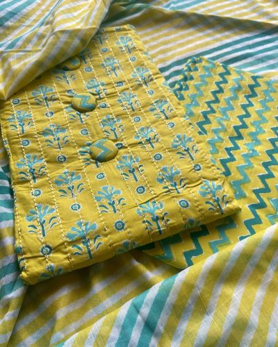 Bright Lemon Yellow Floral Printed Cotton Unstitched Suit Set With Zig Zag printed Bottom & Printed Cotton Dupatta