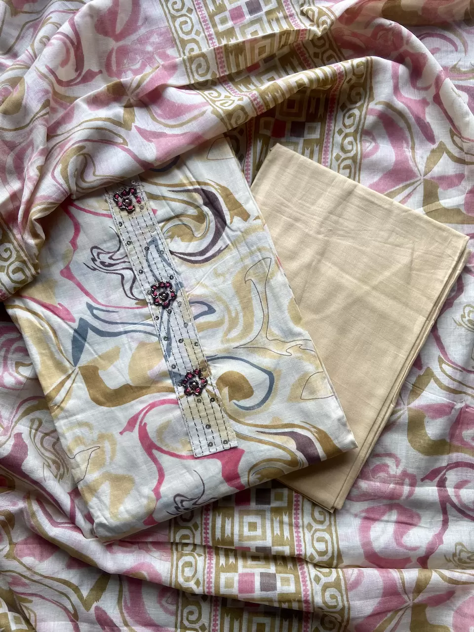 Abstract Multicolour Marble Print On Unstitched Cream Pure Cotton Suitpiece