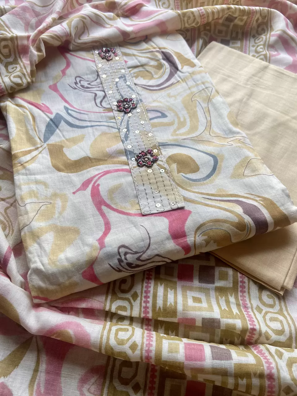 Abstract Multicolour Marble Print On Unstitched Cream Pure Cotton Suitpiece