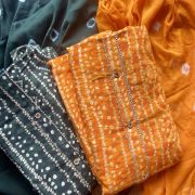 Orange Bandhani & Gold Foil Print On Unstitched Cotton Suitset With Chiffon Dupatta