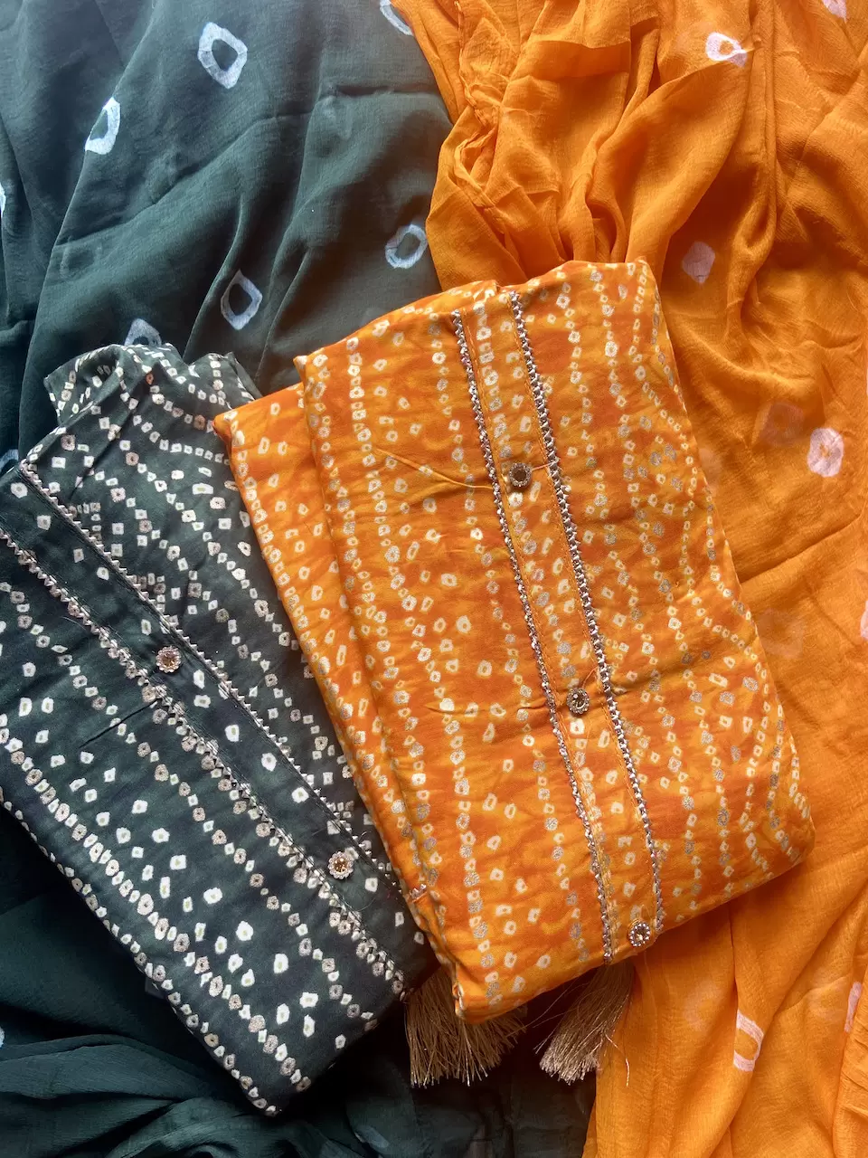 Orange Bandhani & Gold Foil Print On Unstitched Cotton Suitset With Chiffon Dupatta