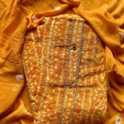 Orange Bandhani & Gold Foil Print On Unstitched Cotton Suitset With Chiffon Dupatta