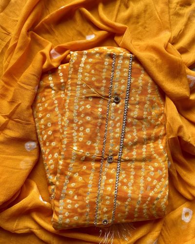 Orange Bandhani & Gold Foil Print On Unstitched Cotton Suitset With Chiffon Dupatta