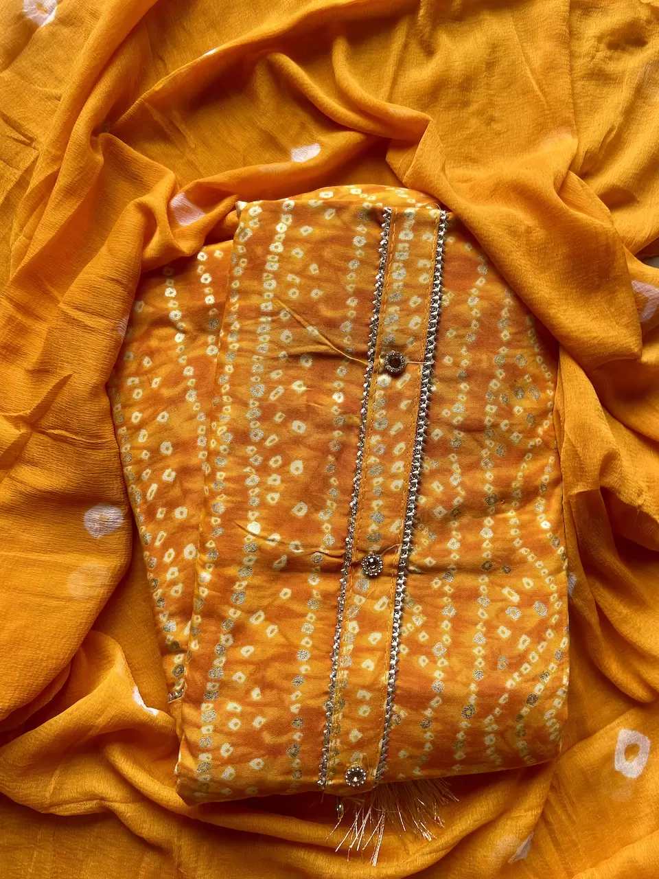 Orange Bandhani & Gold Foil Print On Unstitched Cotton Suitset With Chiffon Dupatta
