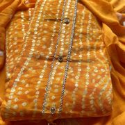 Orange Bandhani & Gold Foil Print On Unstitched Cotton Suitset With Chiffon Dupatta