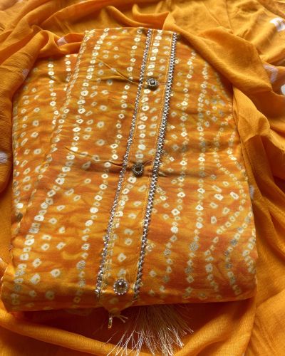 Orange Bandhani & Gold Foil Print On Unstitched Cotton Suitset With Chiffon Dupatta