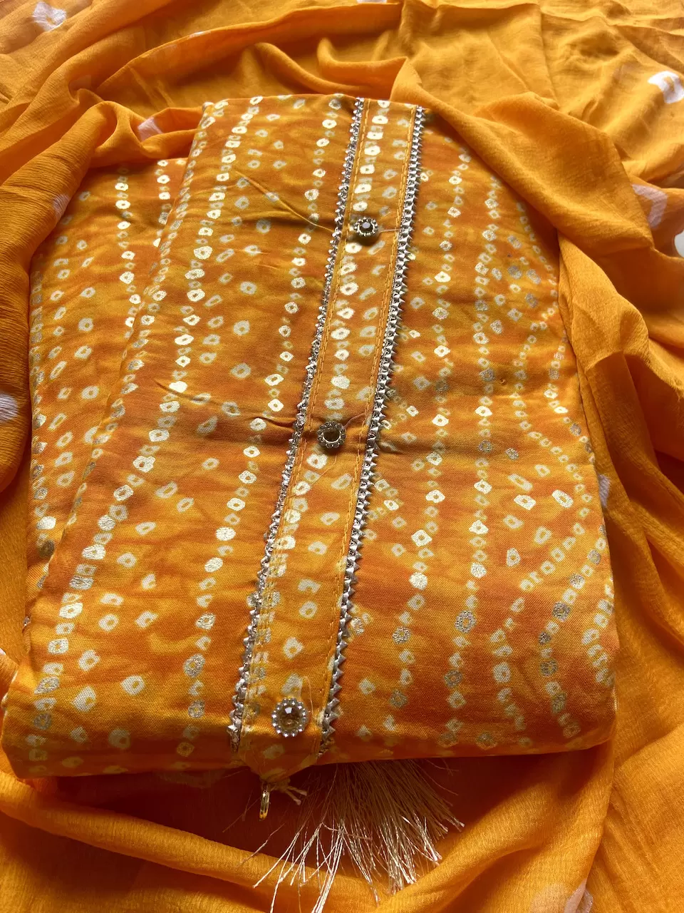Orange Bandhani & Gold Foil Print On Unstitched Cotton Suitset With Chiffon Dupatta