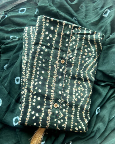 Green Bandhani & Gold Foil Print On Unstitched Cotton Suitset With Chiffon Dupatta