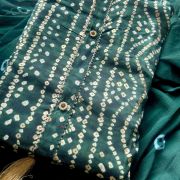 Green Bandhani & Gold Foil Print On Unstitched Cotton Suitset With Chiffon Dupatta