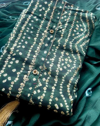 Green Bandhani & Gold Foil Print On Unstitched Cotton Suitset With Chiffon Dupatta