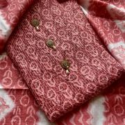 Red Printed & All Over Thread Work On Unstitched Cotton Suitset