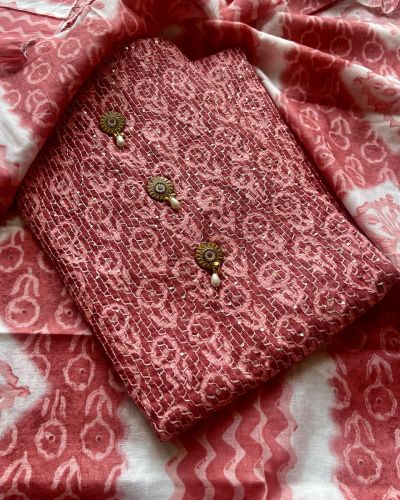 Red Printed & All Over Thread Work On Unstitched Cotton Suitset