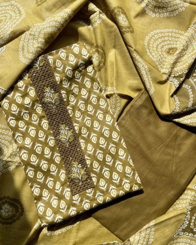 Ochre Yellow Small Buti Printed & All Over On Unstitched Cotton Suitset